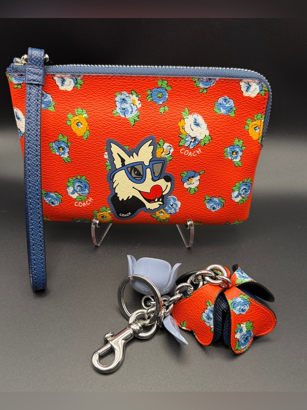 Coach Tea Rose Wolf Floral Print Corner Zip Sm Wristlet & Tea Rose Flower Charm